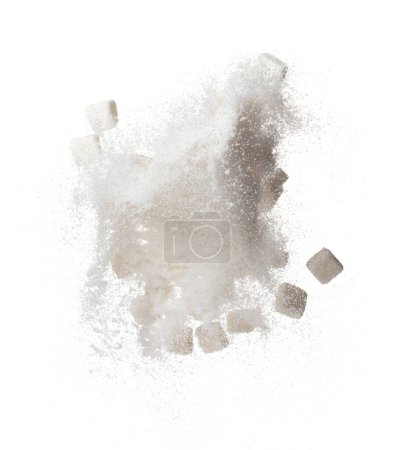 Photo for Pure Refined Sugar cube flying explosion, white crystal sugar abstract cloud fly. Pure refined sugar cubes splash stop in air, food object design. white background isolated high speed freeze motion - Royalty Free Image