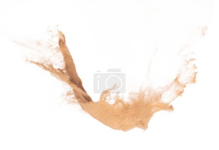 Photo for Small Fine size Sand flying explosion, Golden grain wave explode. Abstract cloud fly. Yellow colored sand splash throwing Air. White background Isolated high speed shutter, throwing freeze stop motion - Royalty Free Image