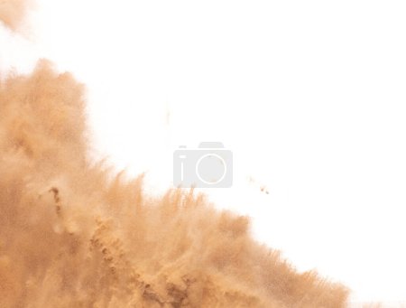Photo for Blur Defocus image of Small Fine Sand flying explosion, Golden grain wave explode blow. Abstract sands cloud. Yellow colored sand splash up in Air. White background Isolated high speed shutter freeze - Royalty Free Image