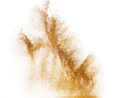 Foto de Explosion metallic gold glitter sparkle bokeh isolated white background decoration. Golden Glitter powder spark blink celebrate, blur foil part explode in air, fly throw gold glitters particle shape - Imagen libre de derechos