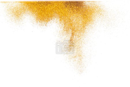 Téléchargez les photos : Explosion metallic gold glitter sparkle bokeh isolated white background decoration. Golden Glitter powder spark blink celebrate, blur foil part explode in air, fly throw gold glitters particle shape - en image libre de droit
