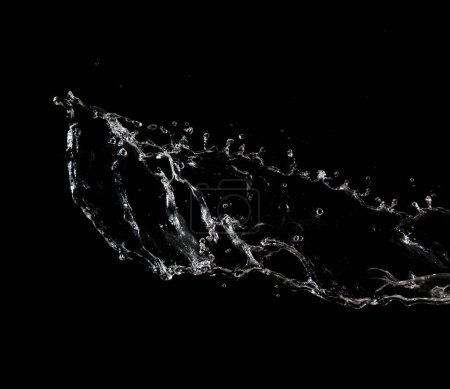 Photo for Shape form throw of Water splashes into drop water attack fluttering in air and stop motion freeze shot. Splash Water for explosion texture graphic resource elements, black background isolated - Royalty Free Image