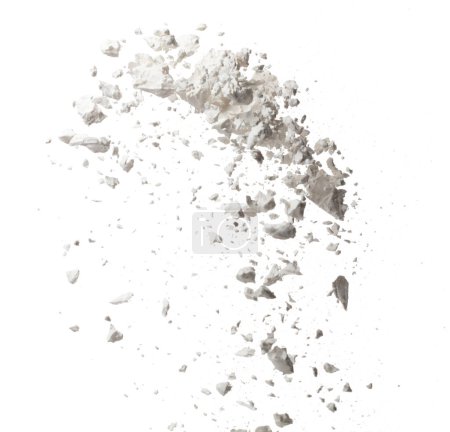 Photo for Tapioca starch explosion flying, White powder tapioca starch wave floating fall down in air. tapioca starch is element material. Eyeshadow crush for make up artist. White background Isolated - Royalty Free Image