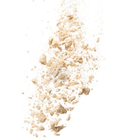 Photo for Seasoning powder explosion flying, Beige brown seasoning powder wave floating fall down in air. Seasoning powder is element material. Eyeshadow crush for make up artist. White background Isolated - Royalty Free Image