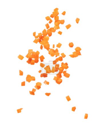 Foto de Carrot fresh fly float in Air turn to Cube dice shape. Beta Carotene orange color in Carrot is good health. Many Dice cube carrot flying throw up in Air. White background isolated, high speed - Imagen libre de derechos