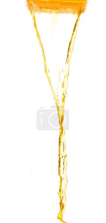 Photo for Yellow Orange, lemon juice or oil lubricant splash, liquid gold yellow drink drops. Fruit beverage water elements in line form . Fresh splashing and flowing jets, white background isolated freeze - Royalty Free Image