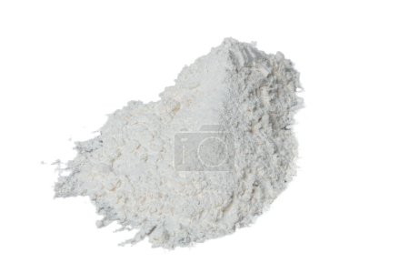 Foto de Close up Pile of Tapioca starch explosion flying, White powder tapioca starch wave floating fall down in air. tapioca starch is element material. Eyeshadow crush for make up artist. White background - Imagen libre de derechos