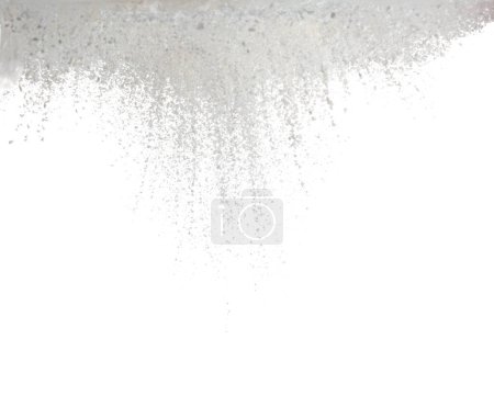 Foto de Tapioca starch explosion flying, White powder tapioca starch wave floating fall down in air. tapioca starch is element material. Eyeshadow crush for make up artist. White background Isolated - Imagen libre de derechos