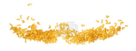 Téléchargez les photos : Macaroni flying explosion, yellow macaronis pasta float explode, abstract cloud fly. Curved macaroni pasta splash throwing in Air. White background Isolated high speed shutter, freeze motion - en image libre de droit