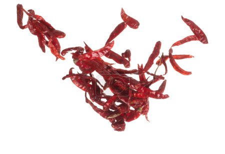 Photo for Dried Red hot Chilli fall down explosion, dried Red Chilli float explode, abstract cloud fly. Dried Red hot Chillis splash throwing in Air. White background Isolated high speed shutter, freeze motion - Royalty Free Image