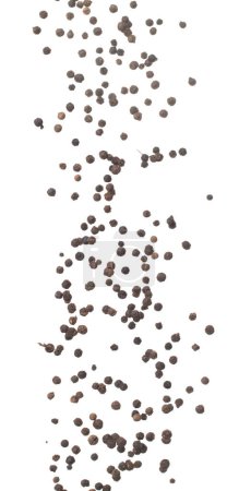 Photo for Black Pepper seeds fall down pour in group, Black Pepper float explode, abstract cloud fly. Black Peppercorn splash throwing in Air. White background Isolated high speed shutter, freeze motion - Royalty Free Image