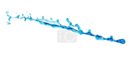 Téléchargez les photos : Shape form droplet of blue Water splashes into drop water line tube attack fluttering in air and stop motion freeze shot. Splash blue Water texture graphic resource elements, White background isolated - en image libre de droit