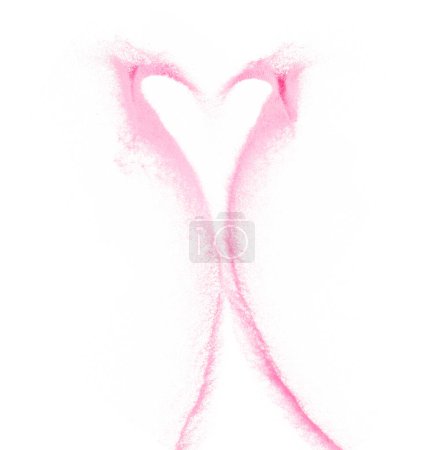 Foto de Heart Shape pink Sand flying explosion, sweet sands grain wave explode. Abstract cloud fly. Pink colored sand splash throwing in Air. White background Isolated high speed shutter, throwing freeze stop - Imagen libre de derechos
