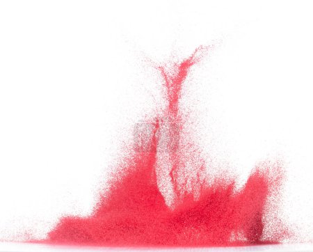 Photo for Small size red Sand flying explosion, blood sands grain wave explode. Abstract cloud fly. Red colored sand splash throwing in Air. White background Isolated high speed shutter, throwing freeze stop - Royalty Free Image