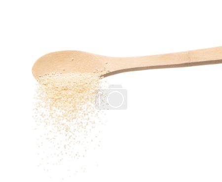 Photo for White Sesame pouring down from wooden spoon, white Sesame grain wave floating, fall in air. Basil seed is organic healthy food. White background Isolated high speed shutter, freeze stop motion - Royalty Free Image
