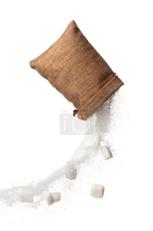 Photo for Sugar Cube in sack bag flying explosion, white crystal sugar fall abstract fly. Pure refined sugar cubes bag splash in air, food object design. white background isolated high speed freeze motion - Royalty Free Image