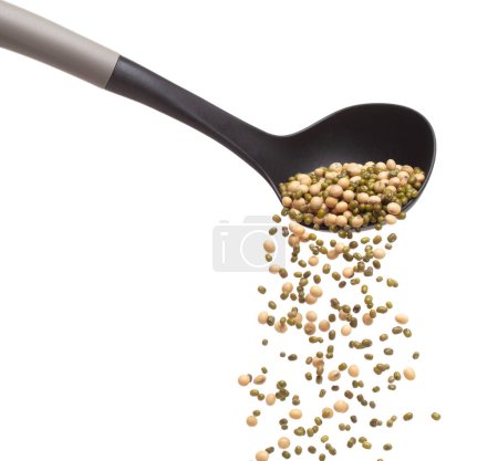 Photo for Mix green mung soy beans fall down explosion, several kind bean float pouring in ladle. Dried soybean green mung mixed beans splash throwing in Air. White background Isolated high speed shutter freeze - Royalty Free Image