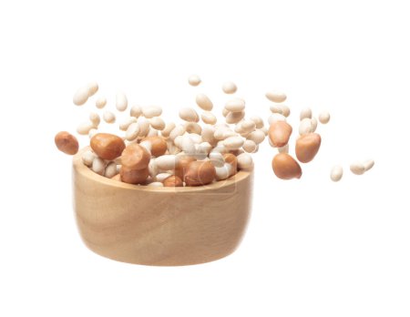 Photo for Mix white peanut beans fall down explosion, several kind bean float explode in wooden bowl. Dried white peanut mixed beans splash throwing in Air. White background Isolated high speed shutter, freeze - Royalty Free Image