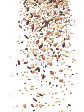 Photo for Mix beans fall down explosion, several kind bean float explode, pouring down. Dried mixed white green red soy black peanut beans splash throwing in Air. White background Isolated high speed shutter - Royalty Free Image