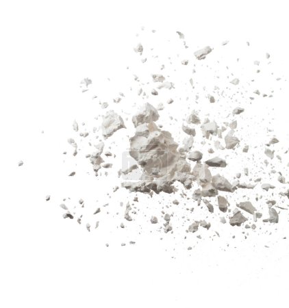 Photo for Tapioca starch explosion flying, White powder tapioca starch wave floating fall down in air. tapioca starch is element material. Eyeshadow crush for make up artist. White background Isolated - Royalty Free Image