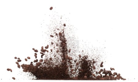 Photo for Coffee powder mix bean fly explosion, Coffee crushed mix seed float explode, abstract cloud fly. Coffee dust powder bean splash throwing in Air. White background Isolated high speed shutter, freeze - Royalty Free Image