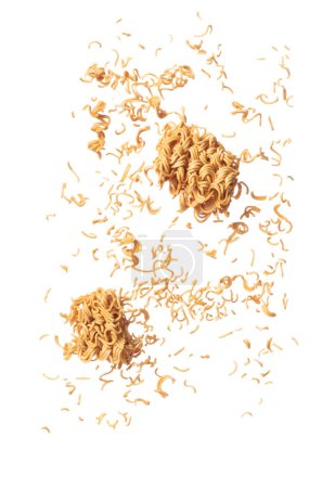 Photo for Instant Noodle fly explosion, yellow instant noodle float explode, abstract cloud fly. Curved dried instant noodles splash throwing in Air. White background Isolated high speed shutter, freeze motion - Royalty Free Image