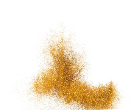 Photo for Explosion metallic gold glitter sparkle bokeh isolated white background decoration. Golden Glitter powder spark blink celebrate, blur foil part explode in air, fly throw gold glitters particle shape - Royalty Free Image