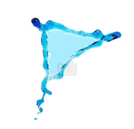 Foto de Shape form droplet of blue Water splashes into drop water line tube attack fluttering in air and stop motion freeze shot. Splash blue Water texture graphic resource elements, White background isolated - Imagen libre de derechos