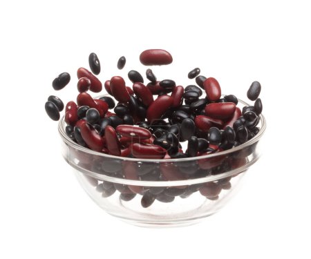 Photo for Mix black red beans fall down explosion, several kind bean float explode in glass bowl. Dried red black mixed beans splash throwing in Air. White background Isolated high speed shutter, freeze motion - Royalty Free Image