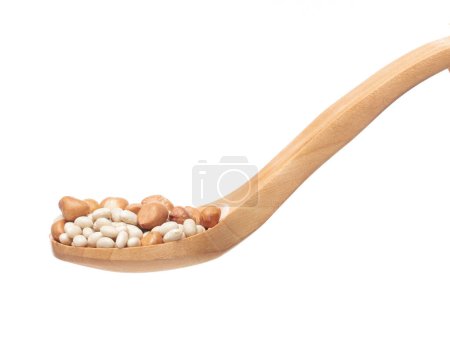 Photo for Mix white peanut beans fall down explosion, several kind bean float pouring in wooden spoon. Dried white peanut mixed beans splash throwing in Air. White background Isolated high speed shutter freeze - Royalty Free Image