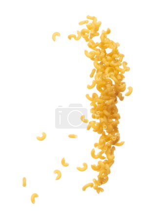 Foto de Macaroni flying explosion, yellow macaronis pasta float explode, abstract cloud fly. Curved macaroni pasta splash throwing in Air. White background Isolated high speed shutter, freeze motion - Imagen libre de derechos