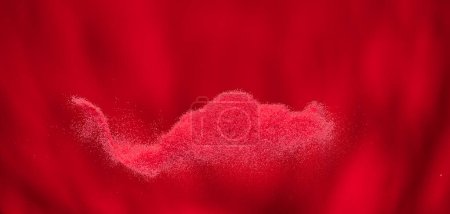 Téléchargez les photos : Small Fine size Sand flying explosion, Red Hot wave explode, abstract cloud fly. Red burn colored sand splash throwing Air. Volcano Lava wallpaper background high speed shutter, freeze stop motion - en image libre de droit