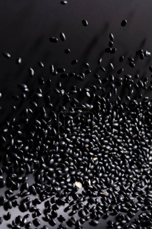 Téléchargez les photos : Explosion volante de haricots noirs, les haricots noirs explosent une mouche abstraite. Belle graine complète haricot de pois éclaboussure dans l'air, conception d'objets alimentaires. fond noir haute vitesse obturateur gel mouvement - en image libre de droit