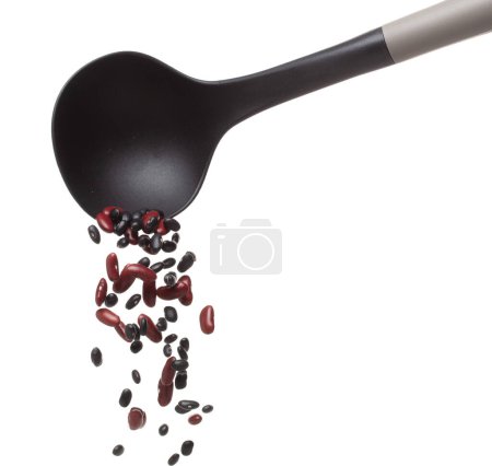 Photo for Mix black red beans fall down explosion, several kind bean float pouring in ladle. Dried red black mixed beans splash throwing in Air. White background Isolated high speed shutter freeze motion - Royalty Free Image