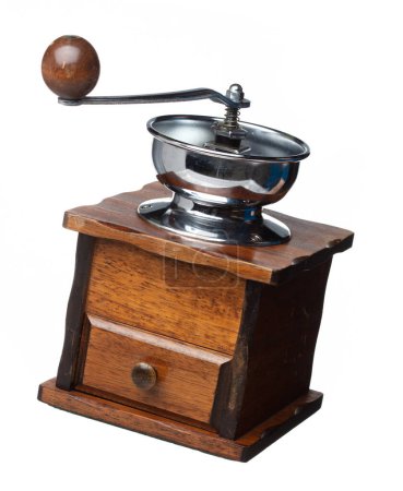Foto de Coffee Grinder fly float in air, vintage Coffee mill for coffee bean to crush into ground powder over White background Isolated high speed shutter, freeze motion - Imagen libre de derechos