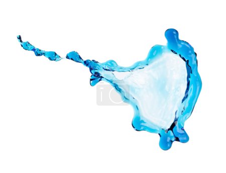 Téléchargez les photos : Shape form droplet of blue Water splashes into drop water line tube attack fluttering in air and stop motion freeze shot. Splash blue Water texture graphic resource elements, White background isolated - en image libre de droit