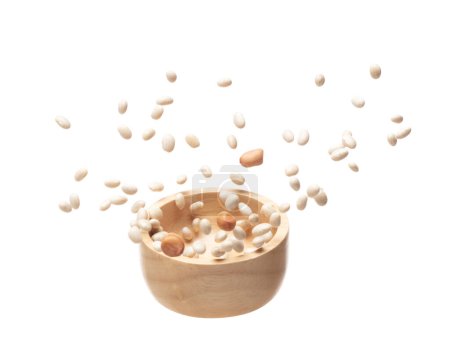 Photo for Mix white peanut beans fall down explosion, several kind bean float explode in wooden bowl. Dried white peanut mixed beans splash throwing in Air. White background Isolated high speed shutter, freeze - Royalty Free Image