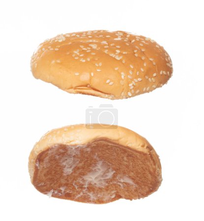 Téléchargez les photos : Fried bread Burger fly explosion, Bread Burgers fall down. Hot bread chicken burger fast food throw splash in air. White background Isolated high speed shutter, freeze action - en image libre de droit