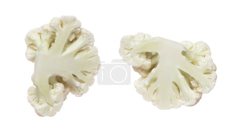 Photo for Cauliflower fly fall mid air, green fresh vegetable Cauliflower cut chop slice. Organic fresh vegetable Cauliflower, close up texture. White background isolated freeze motion high speed shutter - Royalty Free Image