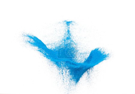 Photo for Small size blue Sand flying explosion, Ocean sands grain wave explode. Abstract cloud fly. Blue colored sand splash throwing in Air. White background Isolated high speed shutter, throwing freeze stop - Royalty Free Image