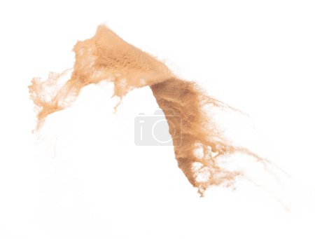 Photo for Small Fine size Sand flying explosion, Golden grain wave explode. Abstract cloud fly. Yellow colored sand splash throwing Air. White background Isolated high speed shutter, throwing freeze stop motion - Royalty Free Image