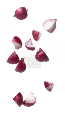Photo for Shallots fall fly in mid air, red fresh vegetable spice shallots onion floating. Organic fresh herbal shallots root head cut chop slice. White background isolated freeze motion high speed shutter - Royalty Free Image