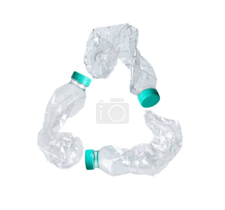 Photo for Plastic Bottle fall fly in mid air, pet plastic bottle floating explosion with green lid. Used twist water plastic bottles throw in air. White background isolated freeze motion high speed shutter - Royalty Free Image