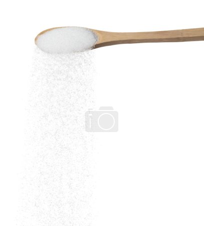Foto de Pure refined Sugar in table spoon, white crystal sugar fall line down. Pure refined sugar stop in air, food object design. white background isolated high speed freeze motion - Imagen libre de derechos