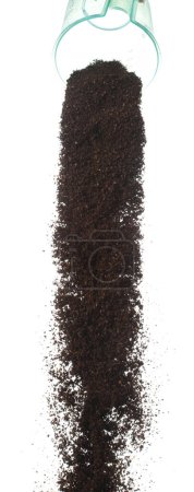 Photo for Coffee powder fly explosion, Coffee crushed ground float pouring, wave like smoke smell. Coffee ground powder splash throwing in mid Air. White background Isolated high speed shutter, freeze motion - Royalty Free Image