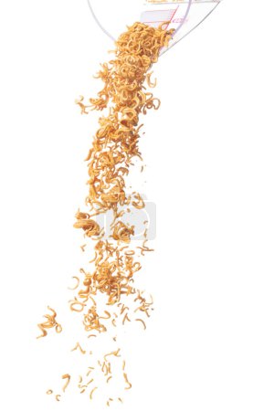 Téléchargez les photos : Instant Noodle fall down in group, yellow instant noodle float explode, abstract cloud fly. Curved dried instant noodles splash throwing in Air. White background Isolated high speed shutter - en image libre de droit