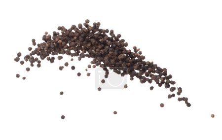 Téléchargez les photos : Black Pepper seeds fly explosion, Black Pepper float explode, abstract cloud fly. Black Peppercorn splash throwing in Air. White background Isolated high speed shutter, freeze motion - en image libre de droit