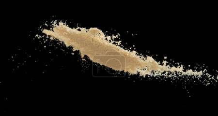 Photo for Brown Sugar flying explosion, brown grain sugar explode abstract cloud fly. Beautiful complete seed sugarcane splash in air, food object design. Selective focus freeze shot Black background isolated - Royalty Free Image