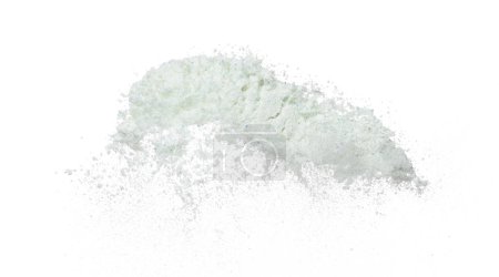 Photo for Detergent Powder splash fly in air. Detergent Powder pour float in mid air. Detergent Powder blue soap explosion throw fluttering. White background isolated high speed shutter freeze motion - Royalty Free Image