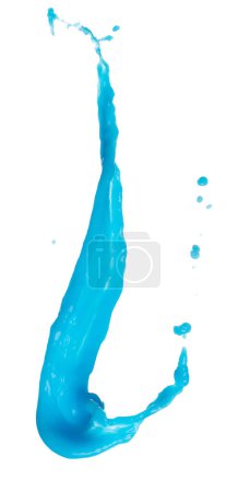 Photo for Blue paint water spill splash in shape form. Blue liquid lotion moisturizer cosmetic pour float in mid air. Blue cocktail drink explosion throw fluttering. White background isolated high speed shutter - Royalty Free Image